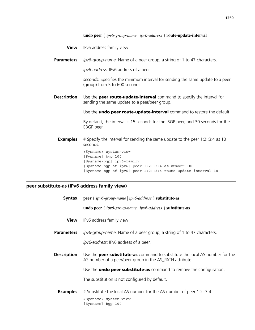 3Com MSR 50 Peer substitute-as IPv6 address family view, Undo peer ipv6-group-nameipv6-address route-update-interval, 1259 