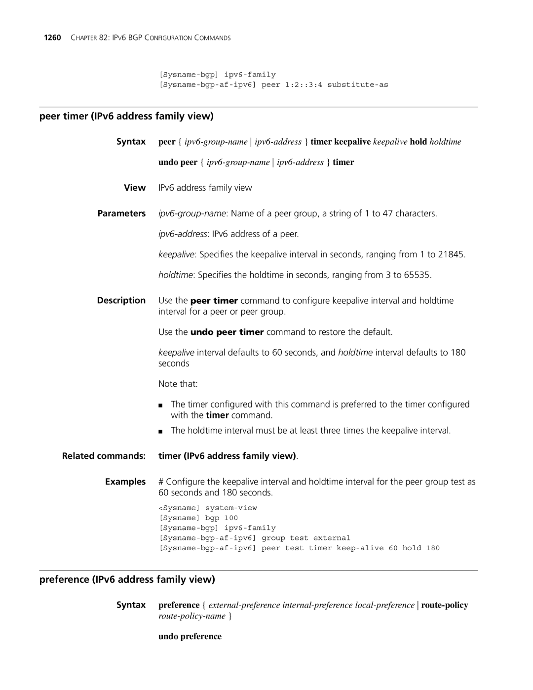 3Com MSR 30, MSR 50 manual Peer timer IPv6 address family view, Preference IPv6 address family view 