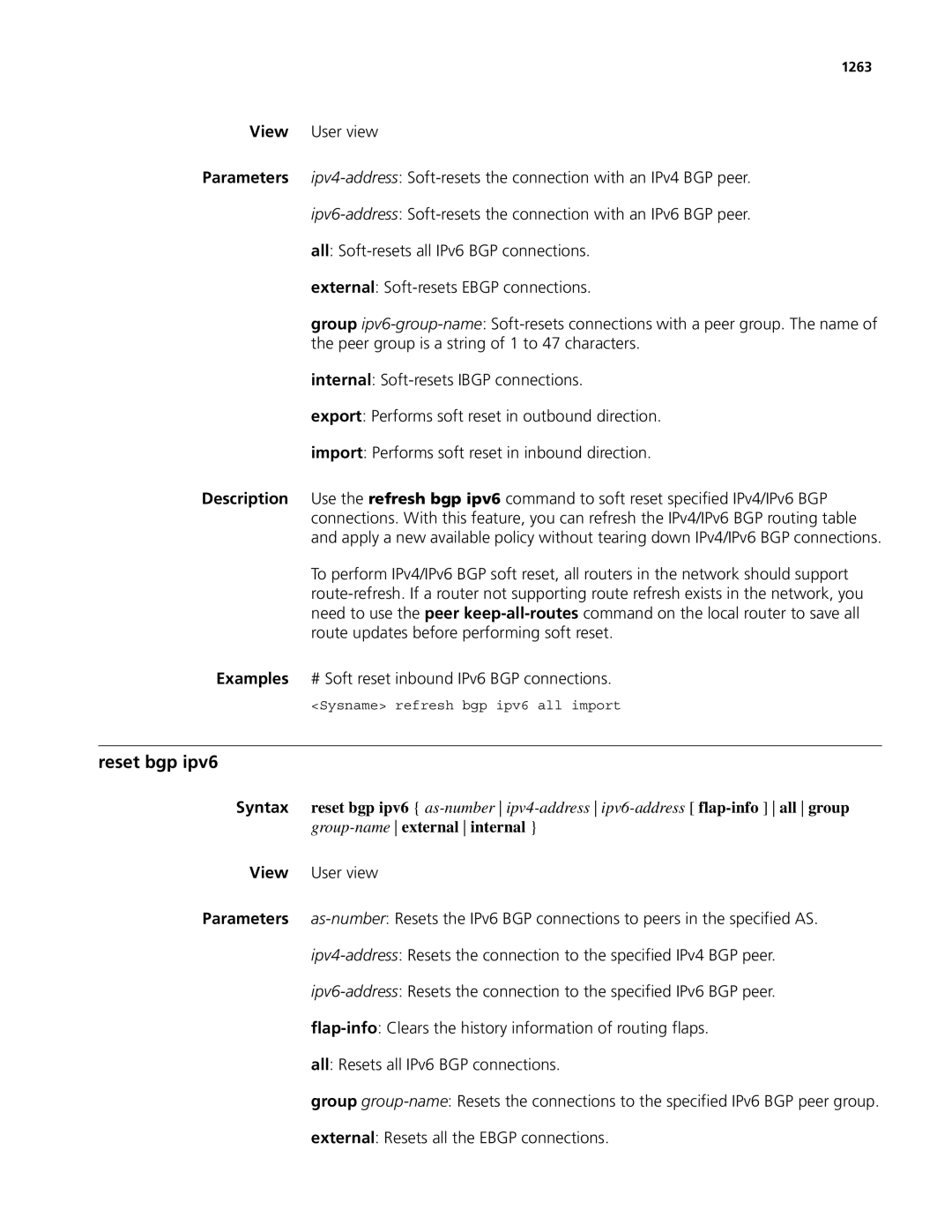 3Com MSR 50, MSR 30 manual Reset bgp ipv6, 1263 