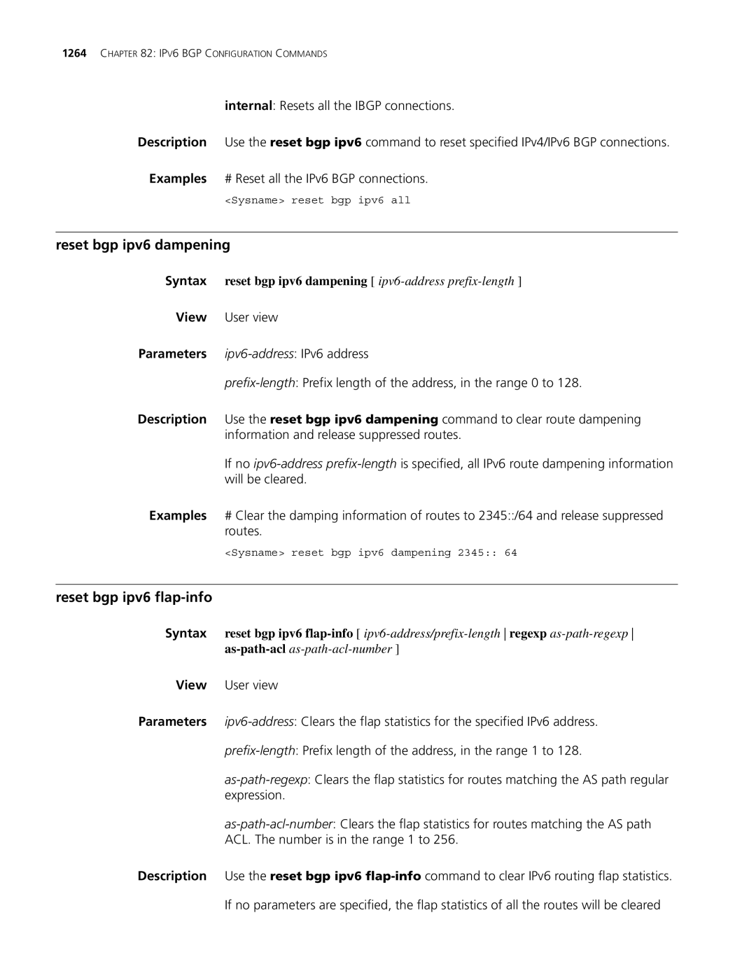 3Com MSR 30, MSR 50 manual Reset bgp ipv6 dampening, Reset bgp ipv6 flap-info 