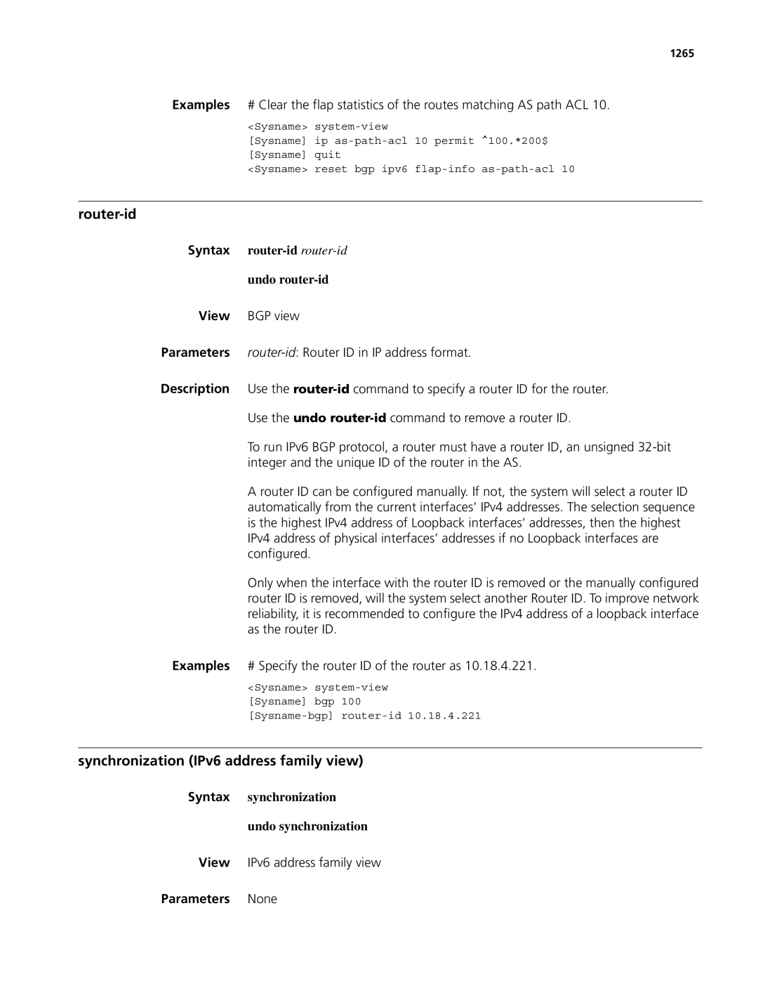 3Com MSR 50, MSR 30 manual Synchronization IPv6 address family view, 1265 