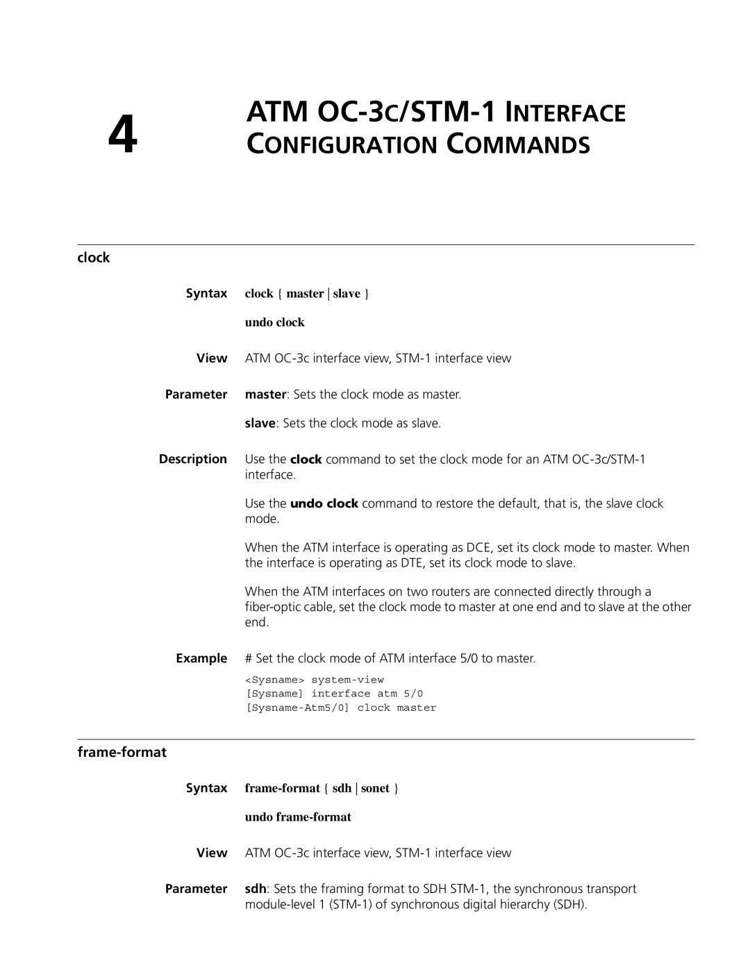 3Com MSR 50, MSR 30 manual Frame-format sdh sonet 