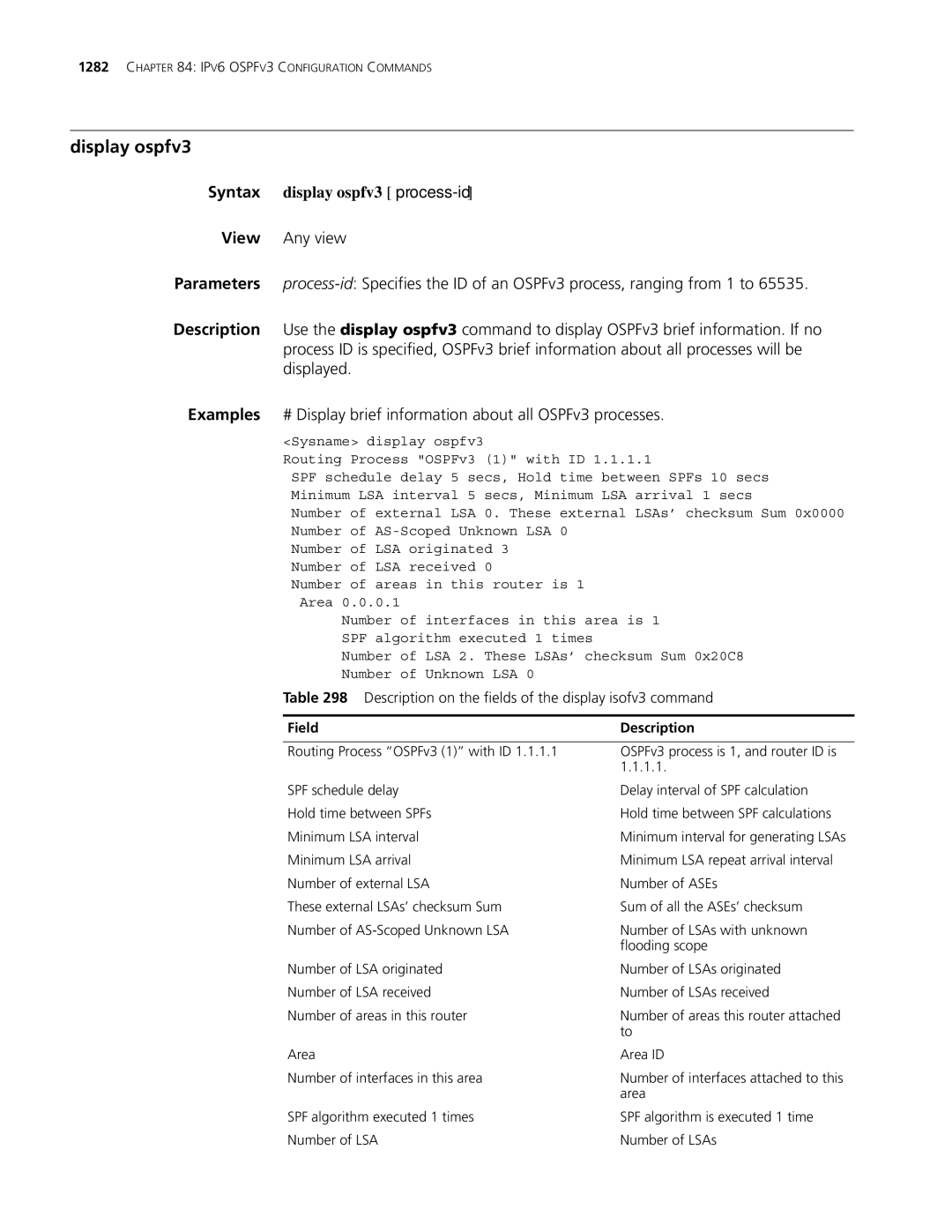 3Com MSR 30 Display ospfv3, Syntax display ospfv3 process-id, Description on the fields of the display isofv3 command 