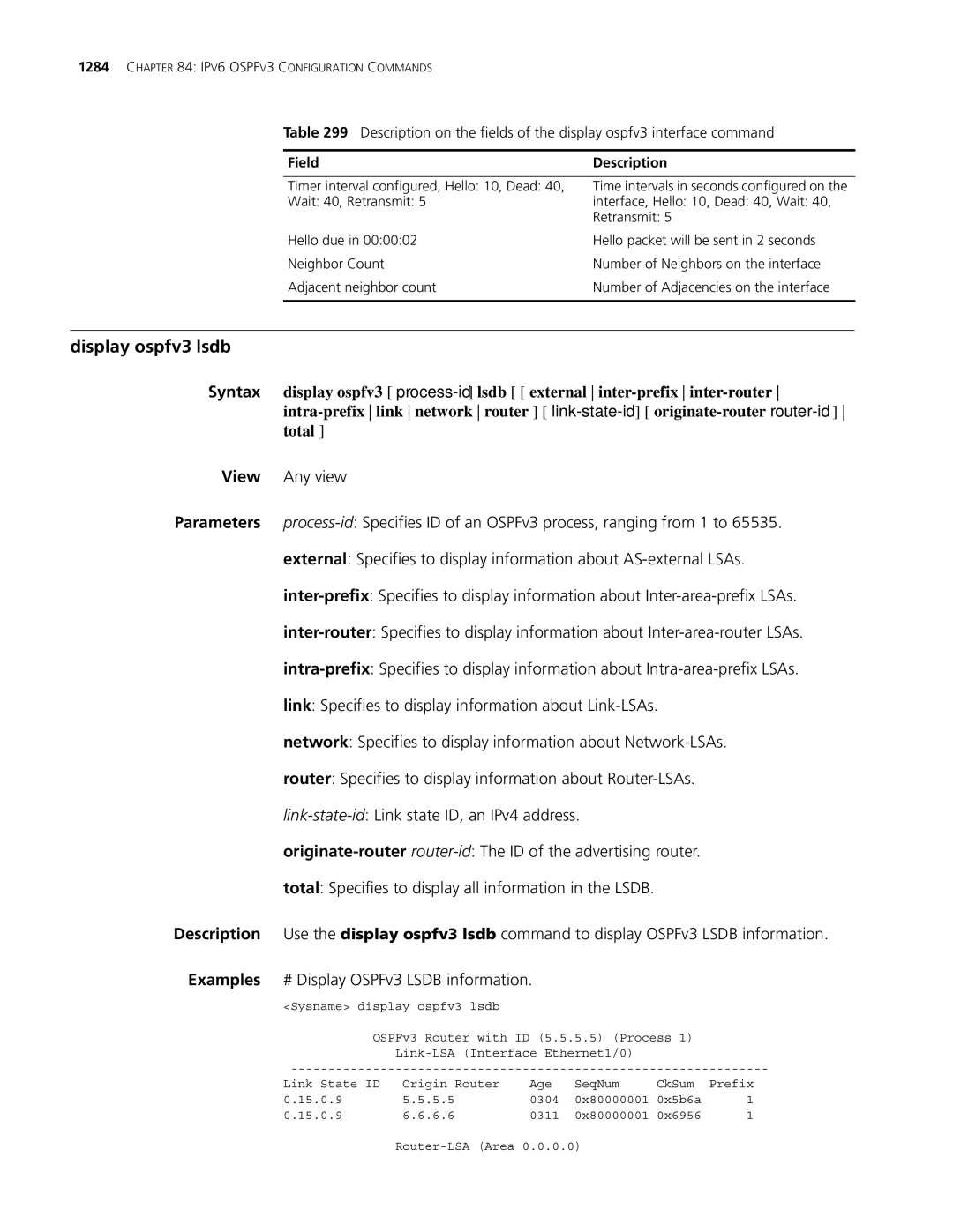 3Com MSR 30, MSR 50 manual Display ospfv3 lsdb 