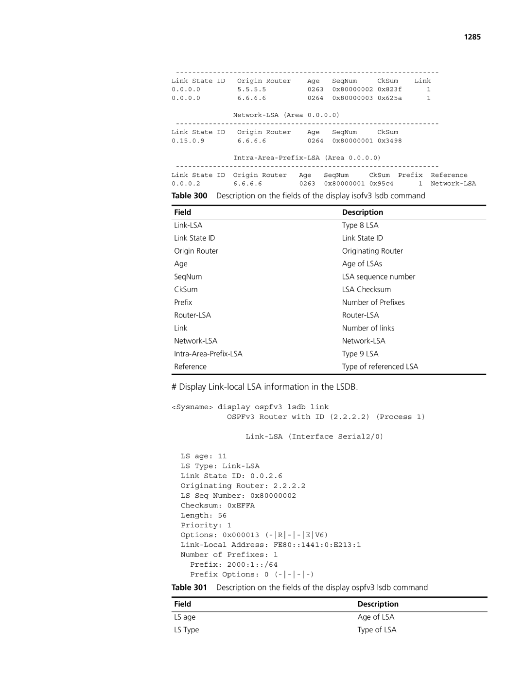 3Com MSR 50, MSR 30 manual # Display Link-local LSA information in the Lsdb, 1285 