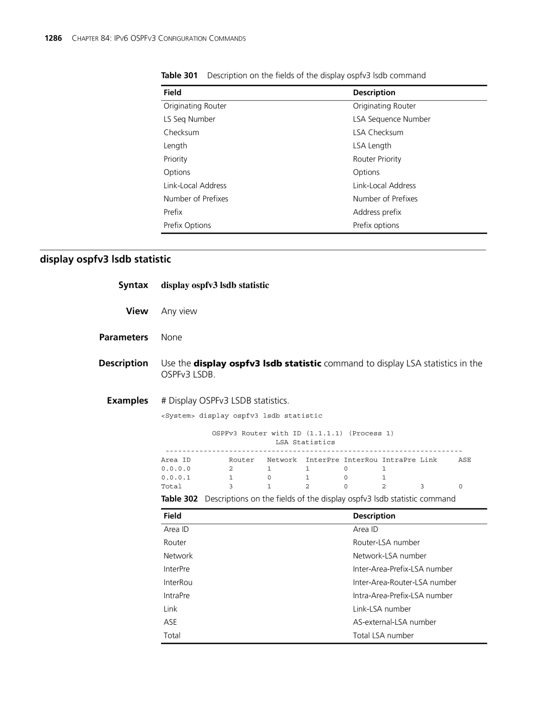 3Com MSR 30, MSR 50 manual Display ospfv3 lsdb statistic, Syntax display ospfv3 lsdb statistic 