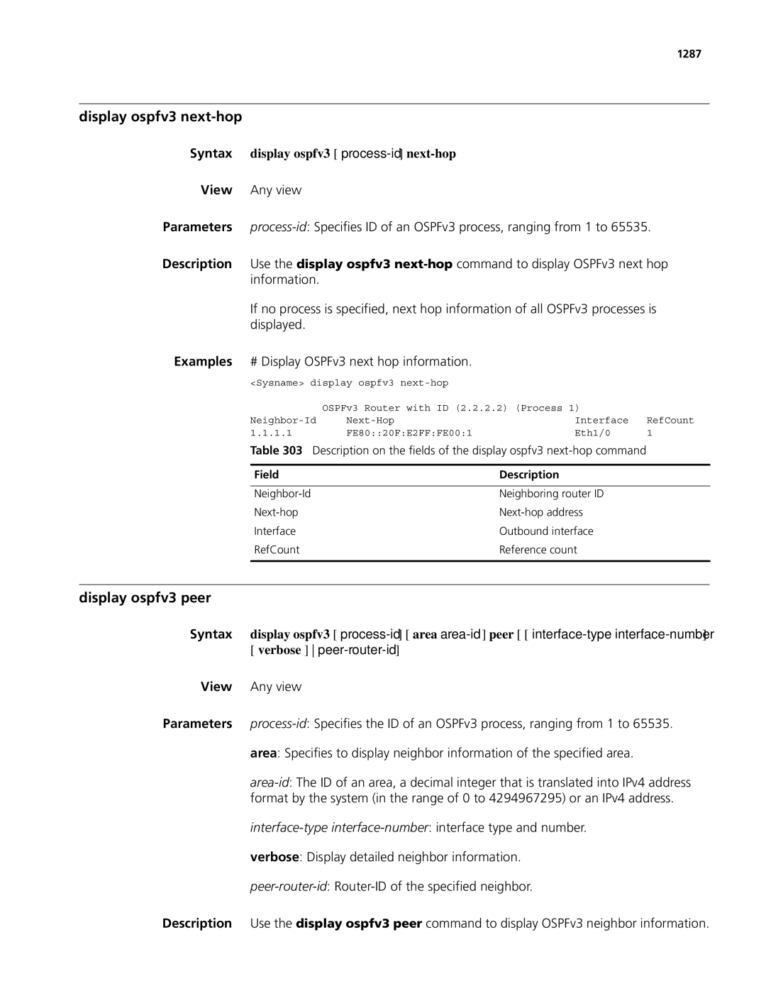 3Com MSR 50, MSR 30 manual Display ospfv3 next-hop, Display ospfv3 peer, Syntax display ospfv3 process-id next-hop, 1287 