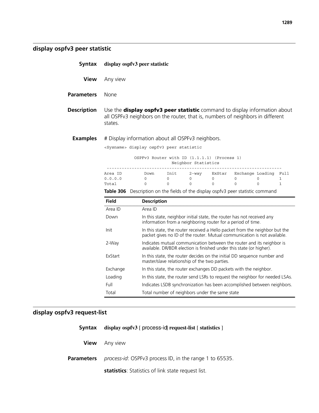 3Com MSR 50, MSR 30 Display ospfv3 peer statistic, Display ospfv3 request-list, Syntax display ospfv3 peer statistic, 1289 