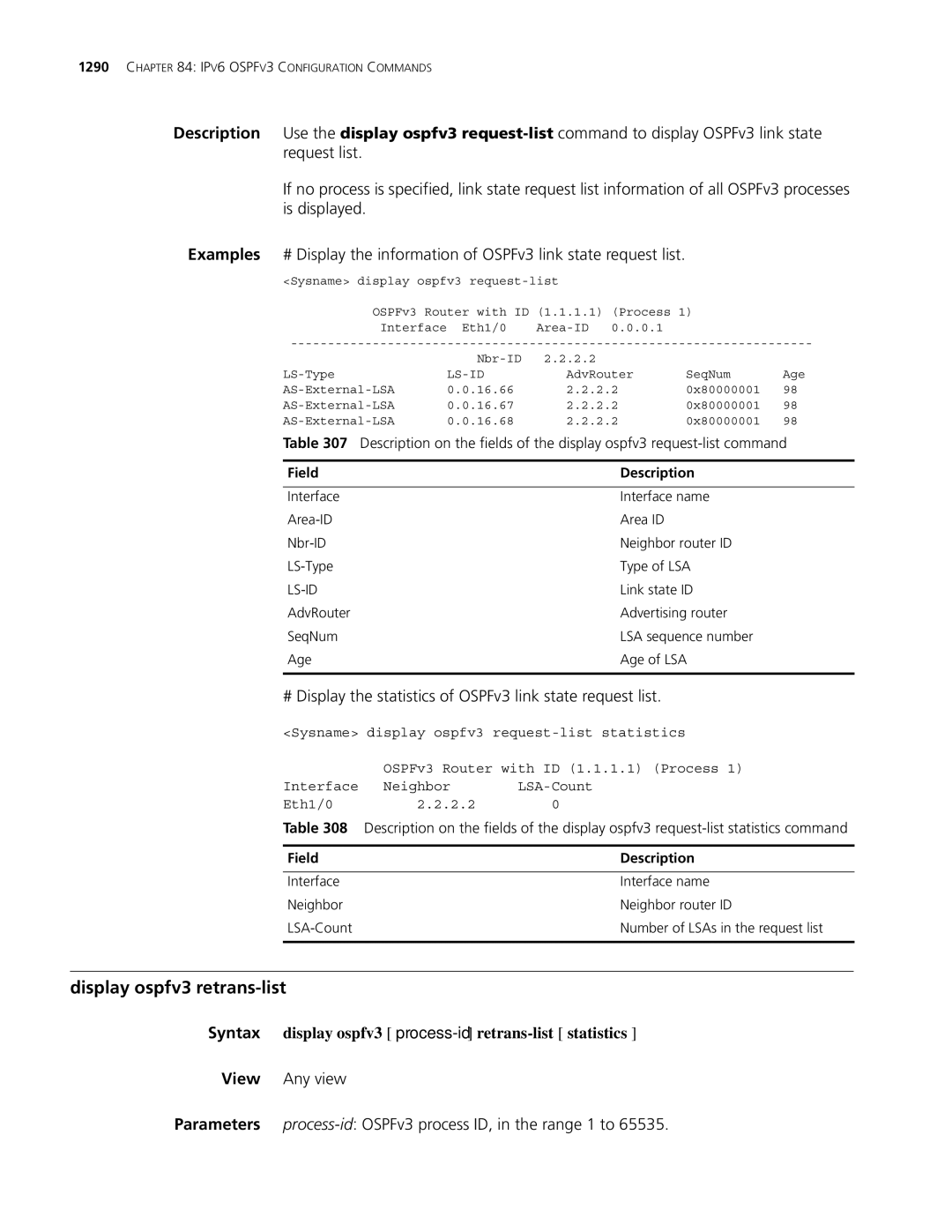 3Com MSR 30, MSR 50 manual Display ospfv3 retrans-list, # Display the statistics of OSPFv3 link state request list, Ls-Id 