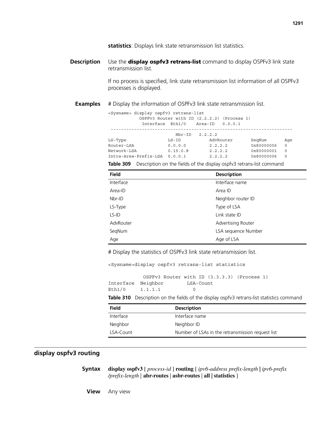 3Com MSR 50, MSR 30 manual Display ospfv3 routing, 1291 