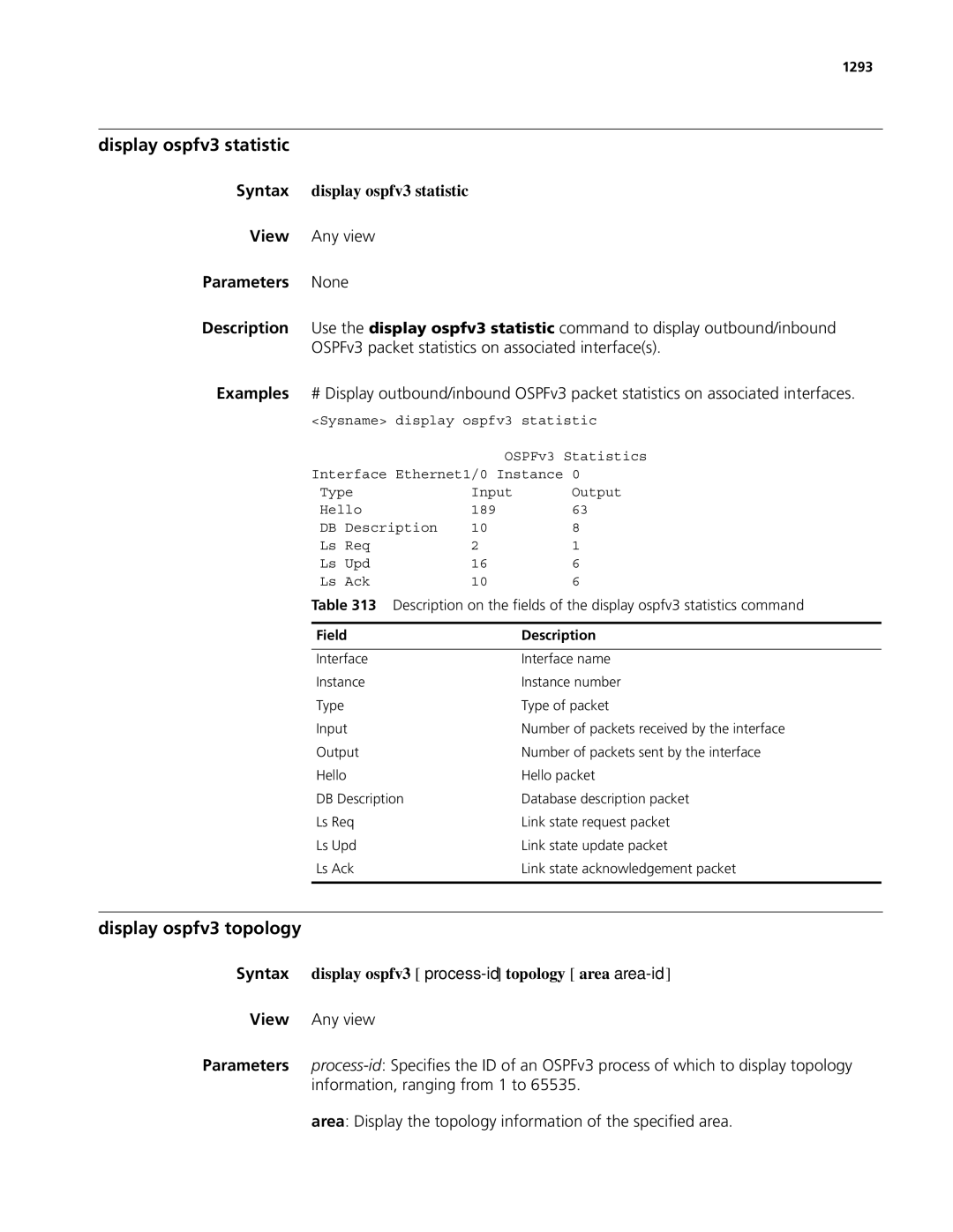 3Com MSR 50, MSR 30 manual Display ospfv3 statistic, Display ospfv3 topology, Syntax display ospfv3 statistic, 1293 