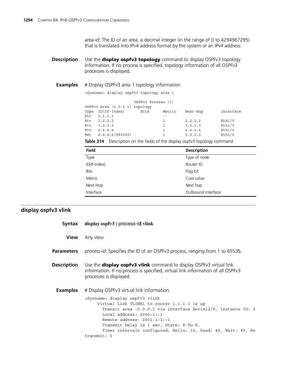 3Com MSR 30, MSR 50 manual Display ospfv3 vlink, Syntax display ospfv3 process-id vlink 