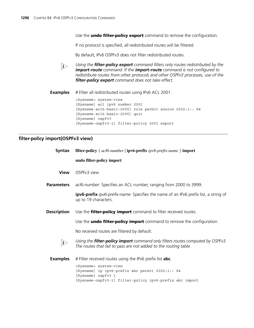 3Com MSR 30, MSR 50 manual Filter-policy importOSPFv3 view, Routes that fail to pass are not added to the routing table 