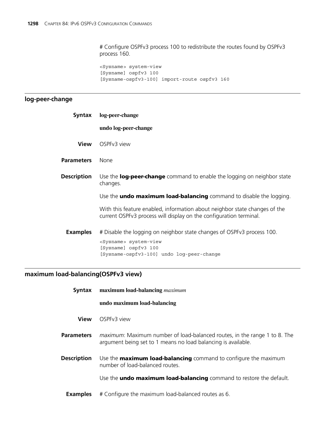 3Com MSR 30, MSR 50 manual Maximum load-balancingOSPFv3 view, Process 