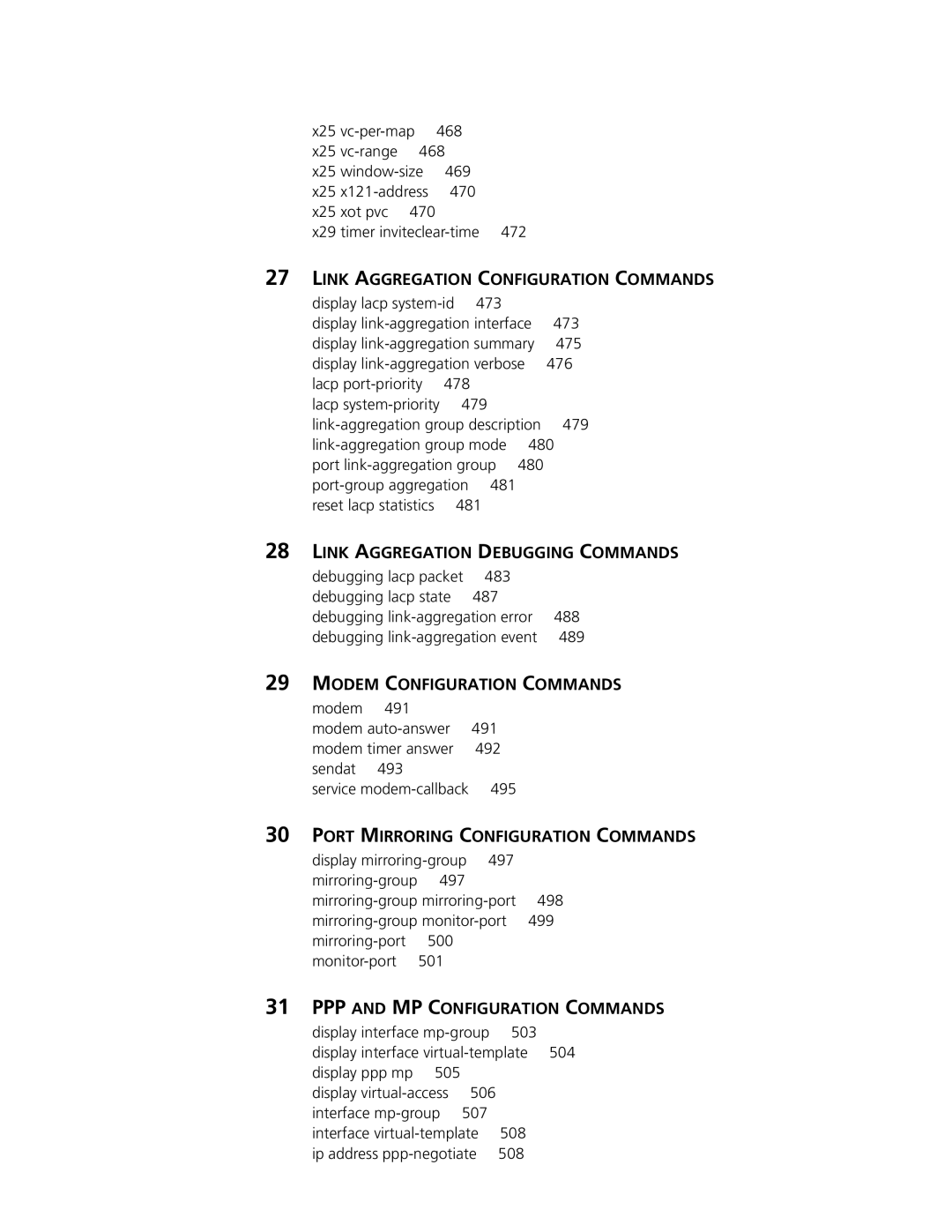 3Com MSR 50 Link Aggregation Configuration Commands, Link Aggregation Debugging Commands, Modem Configuration Commands 