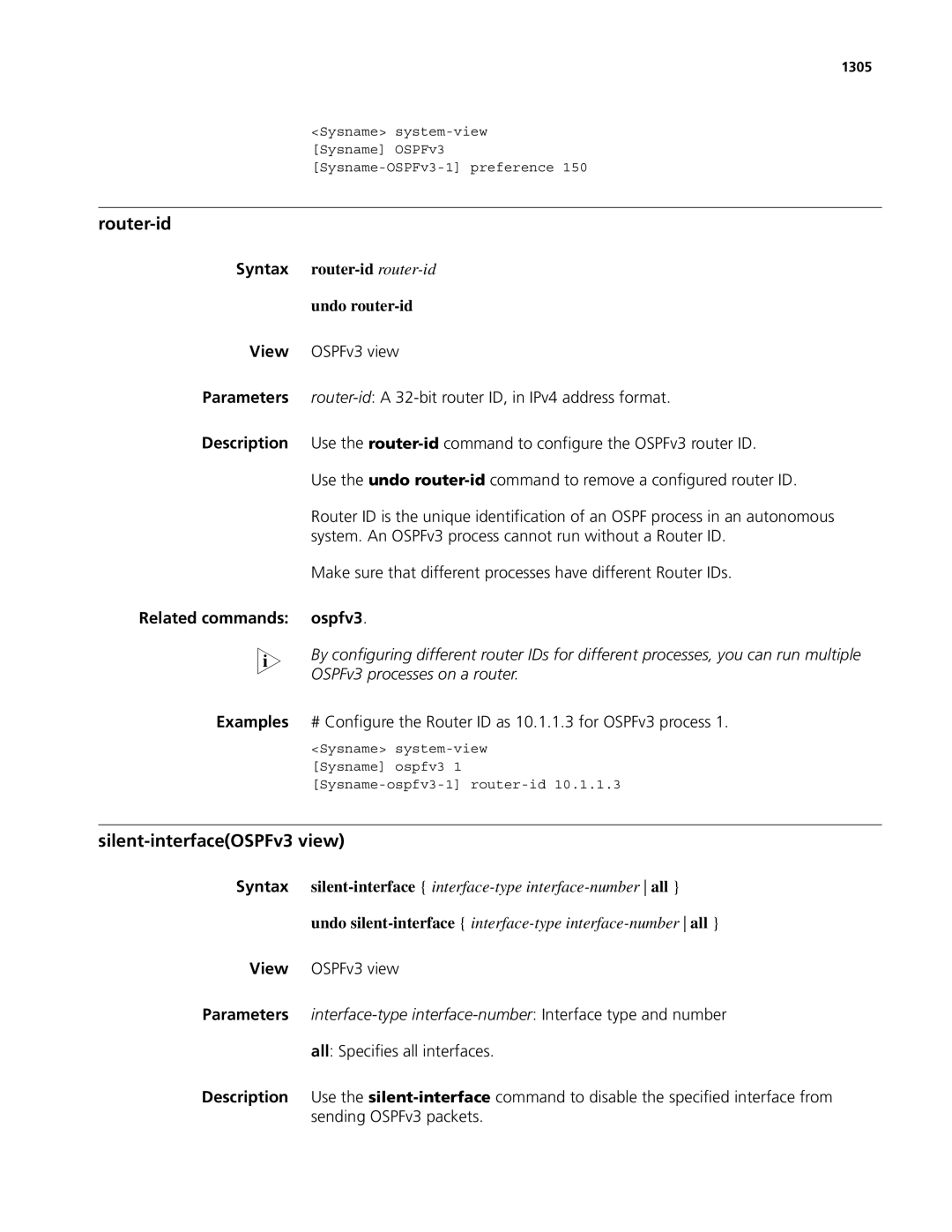 3Com MSR 50 manual Silent-interfaceOSPFv3 view, Router-id router-id, Related commands Ospfv3, OSPFv3 processes on a router 