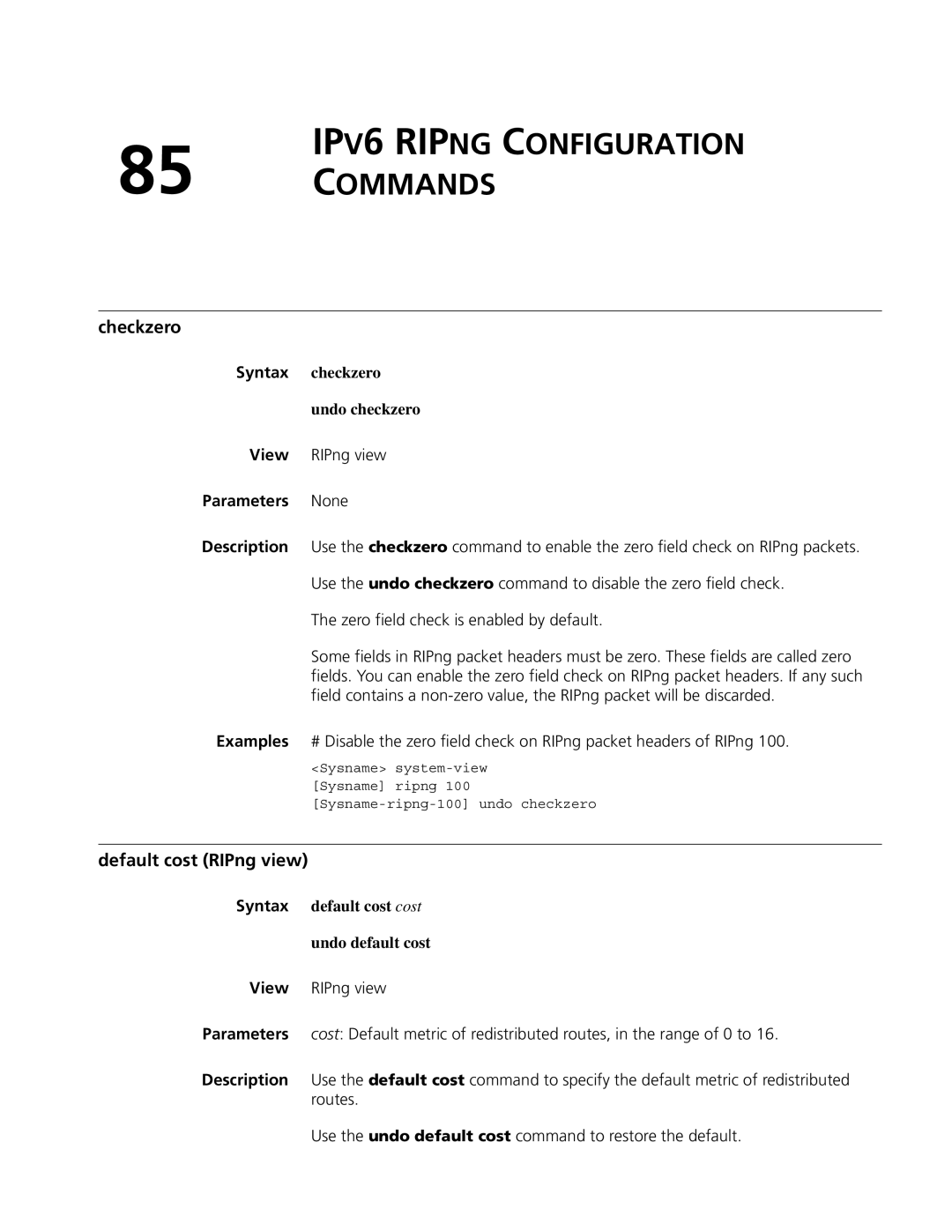 3Com MSR 50, MSR 30 manual IPV6 Ripng Configuration Commands, Default cost RIPng view, View RIPng view 