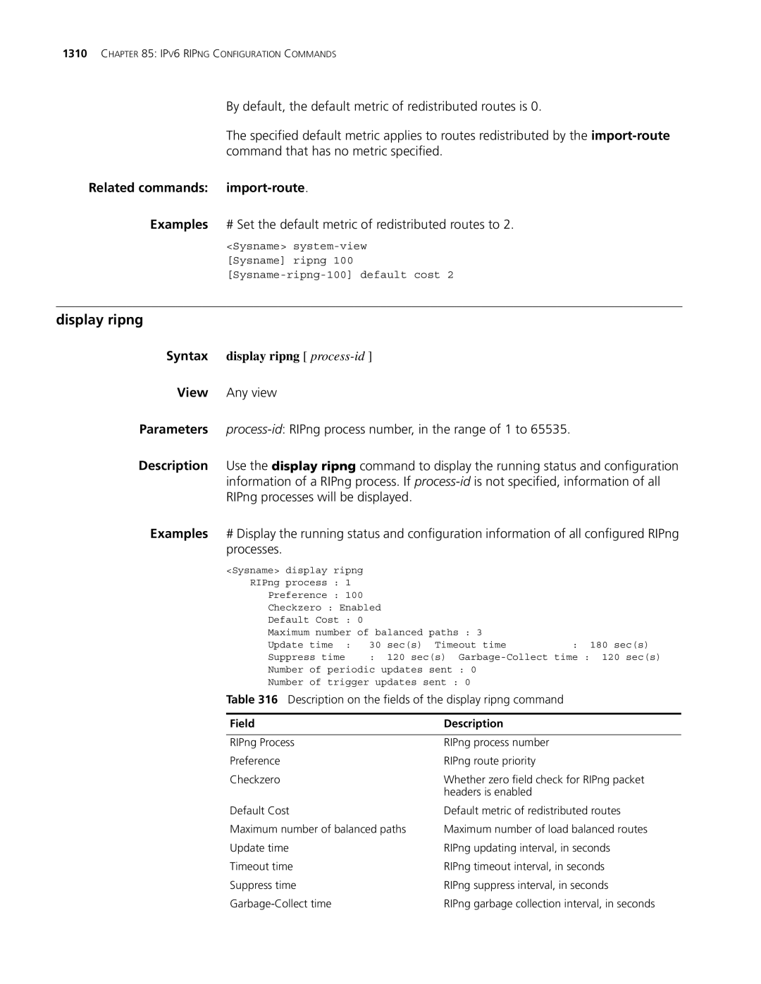 3Com MSR 30, MSR 50 manual Display ripng, Related commands import-route, Syntax display ripng process-id 