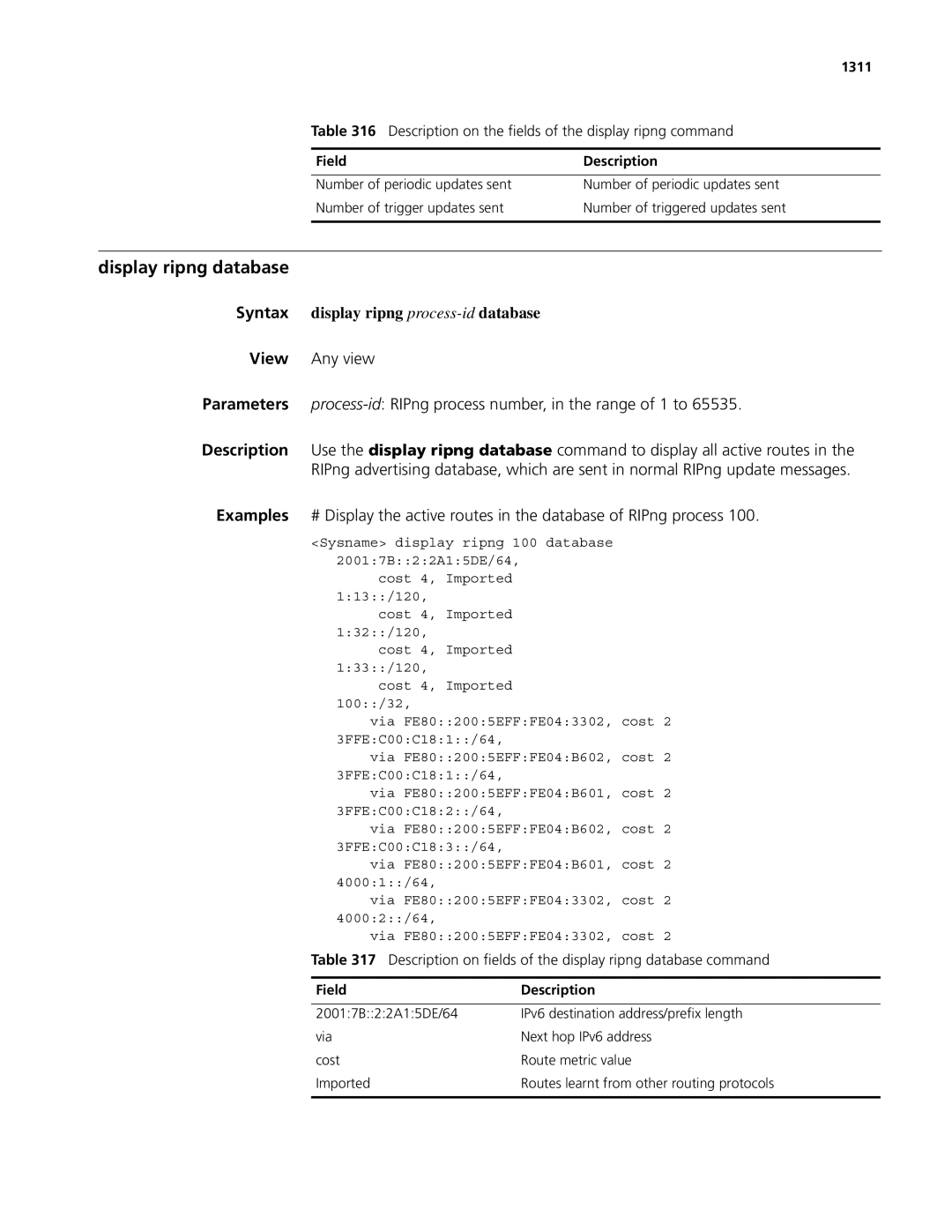 3Com MSR 50, MSR 30 manual Display ripng database, Syntax display ripng process-iddatabase, 1311 