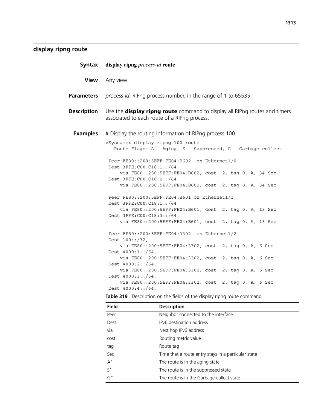 3Com MSR 50, MSR 30 manual Display ripng route, Syntax display ripng process-idroute, 1313 