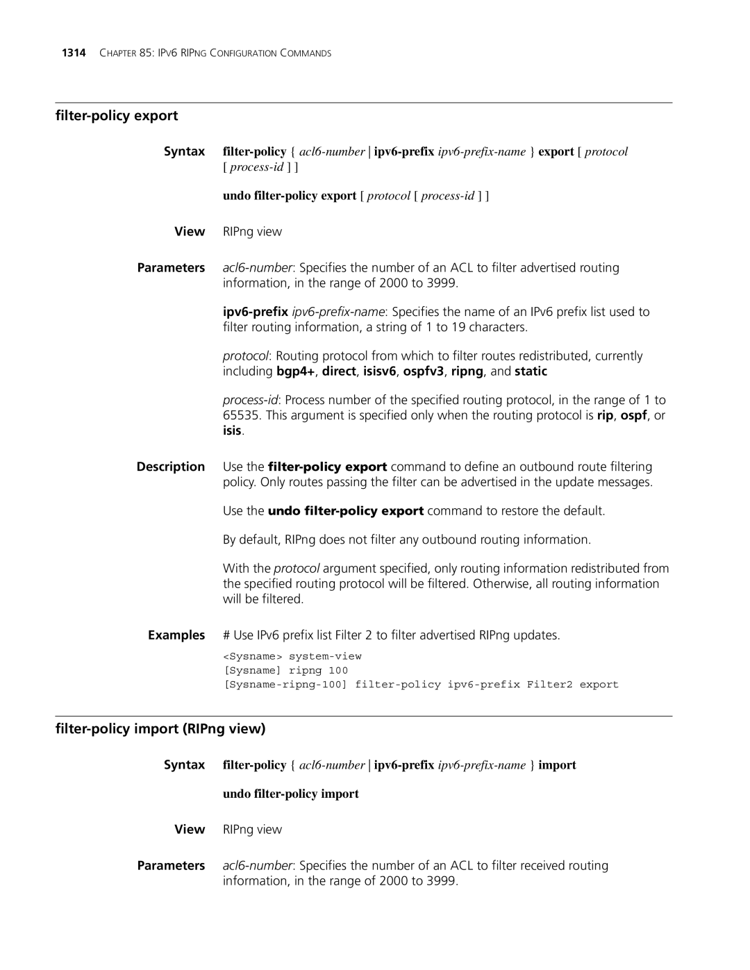 3Com MSR 30, MSR 50 manual Filter-policy export, Filter-policy import RIPng view 