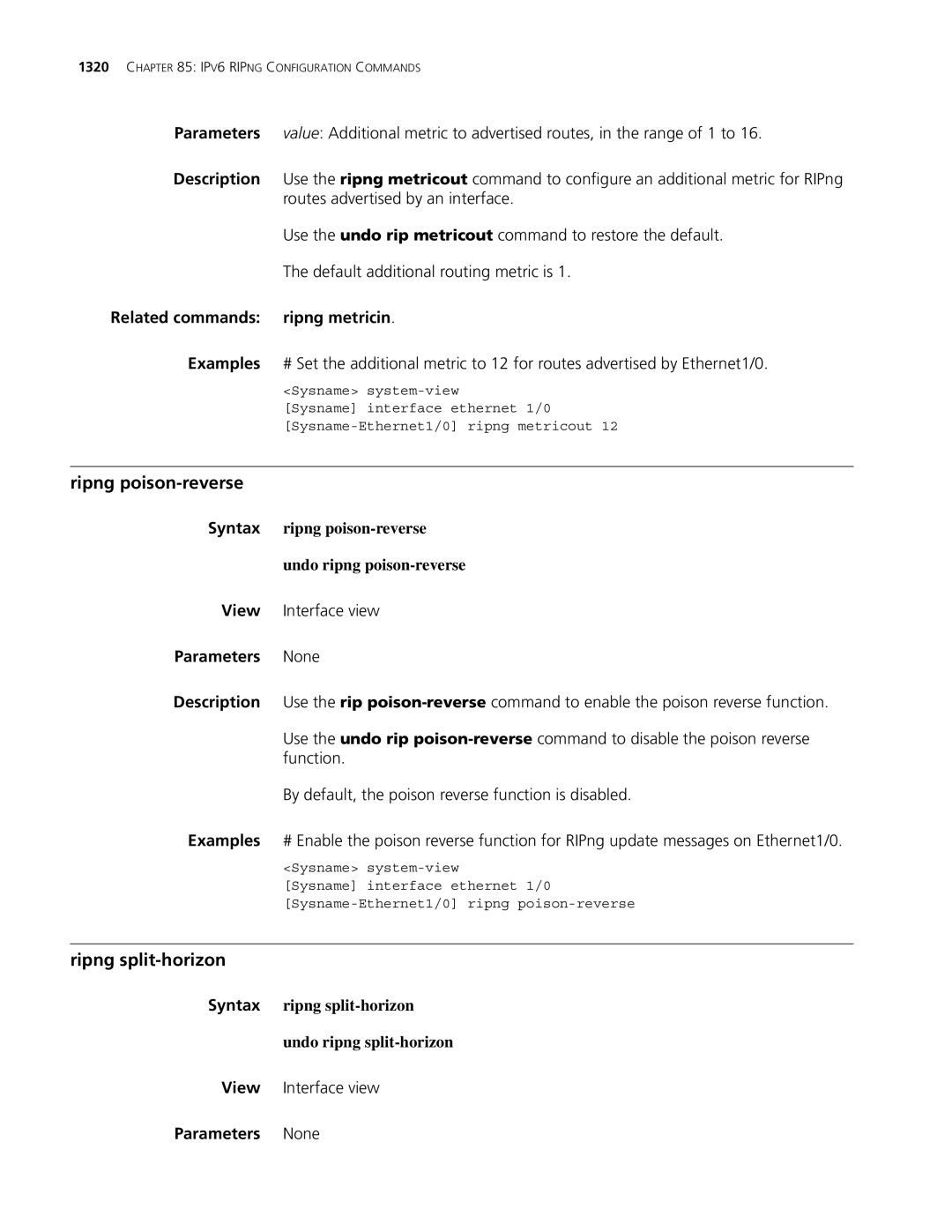 3Com MSR 30, MSR 50 manual Ripng poison-reverse, Ripng split-horizon, Related commands ripng metricin 