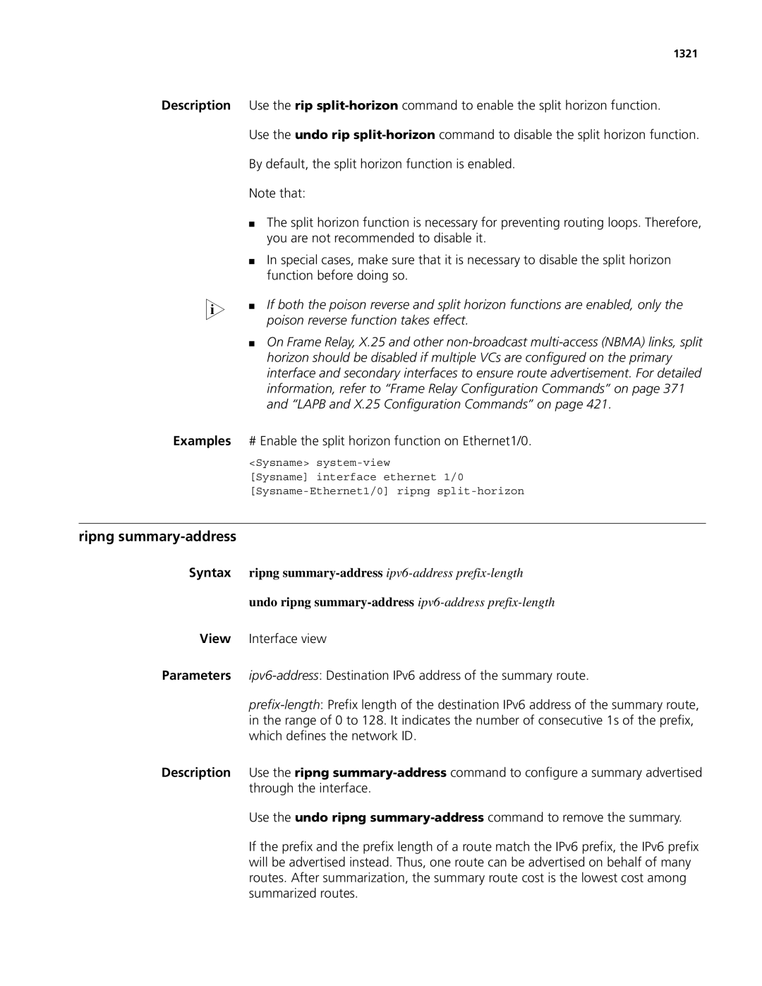 3Com MSR 50, MSR 30 Ripng summary-address, Poison reverse function takes effect, Lapb and X.25 Configuration Commands on 