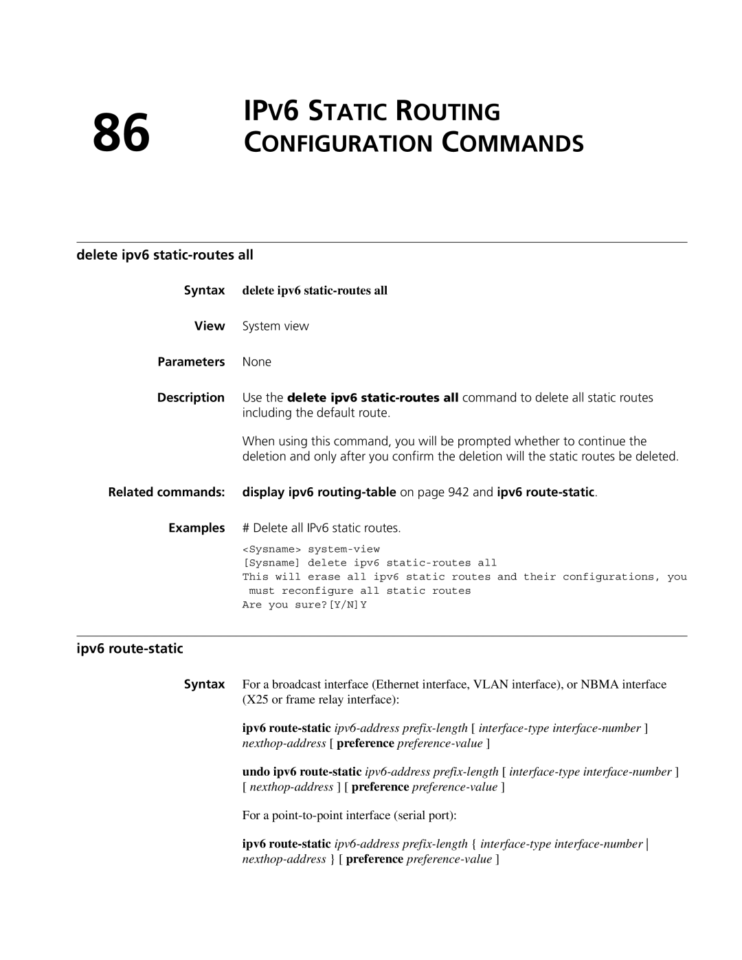 3Com MSR 50, MSR 30 manual IPV6 Static Routing Configuration Commands, Delete ipv6 static-routes all, Ipv6 route-static 