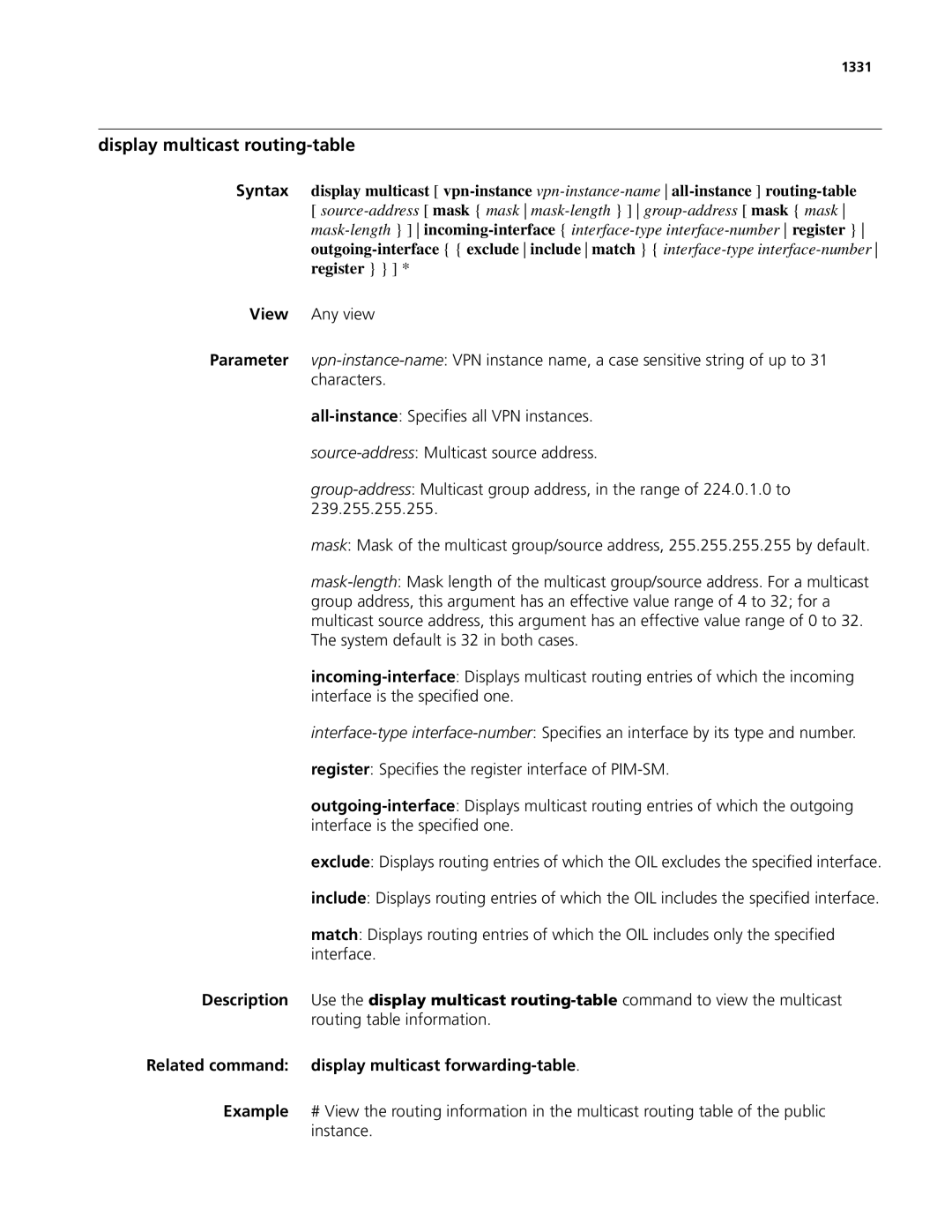 3Com MSR 50, MSR 30 manual Display multicast routing-table, Related command display multicast forwarding-table, 1331 