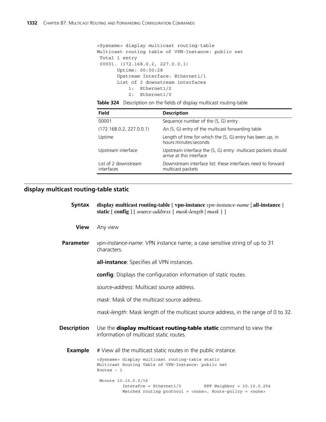 3Com MSR 30, MSR 50 Display multicast routing-table static, Description on the fields of display multicast routing-table 