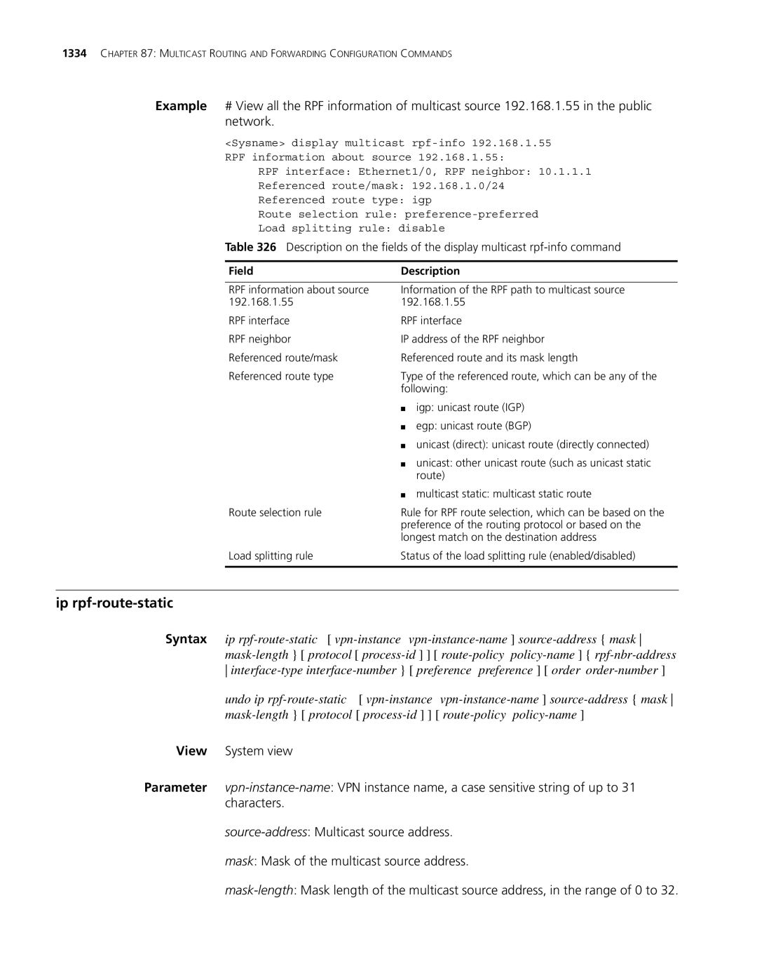 3Com MSR 30, MSR 50 manual Ip rpf-route-static 