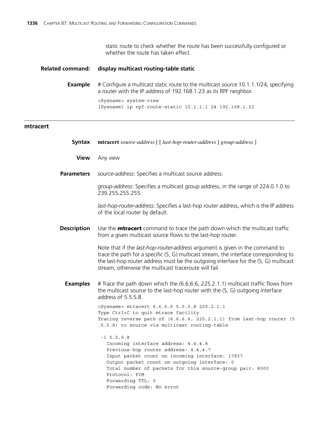 3Com MSR 30, MSR 50 manual Mtracert, Related command display multicast routing-table static 