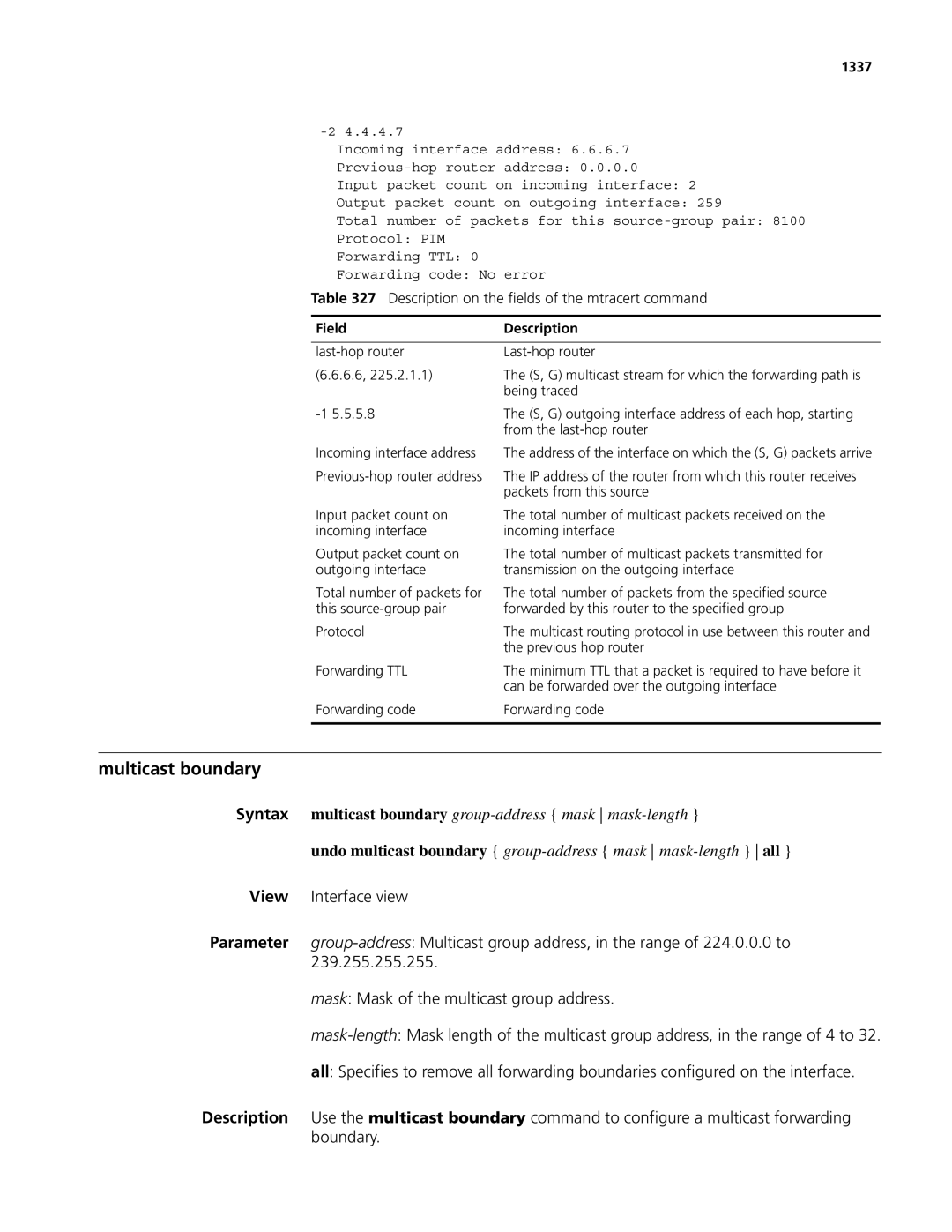 3Com MSR 50, MSR 30 manual Multicast boundary, Description on the fields of the mtracert command, 1337 