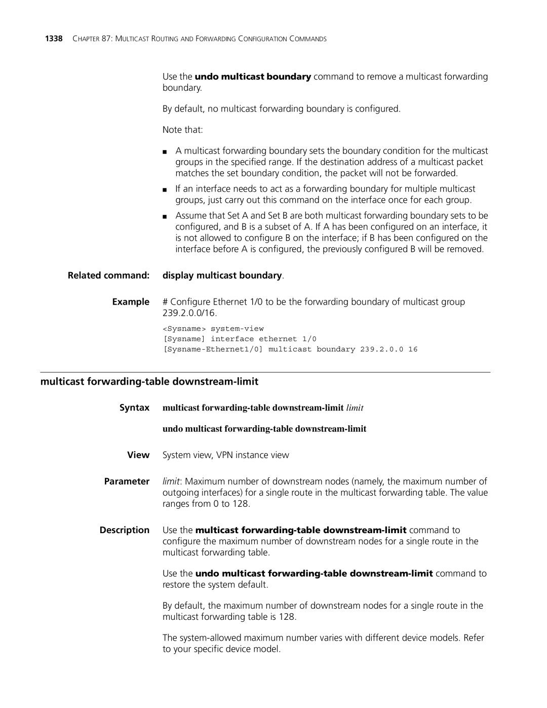 3Com MSR 30, MSR 50 manual Multicast forwarding-table downstream-limit, Related command display multicast boundary 