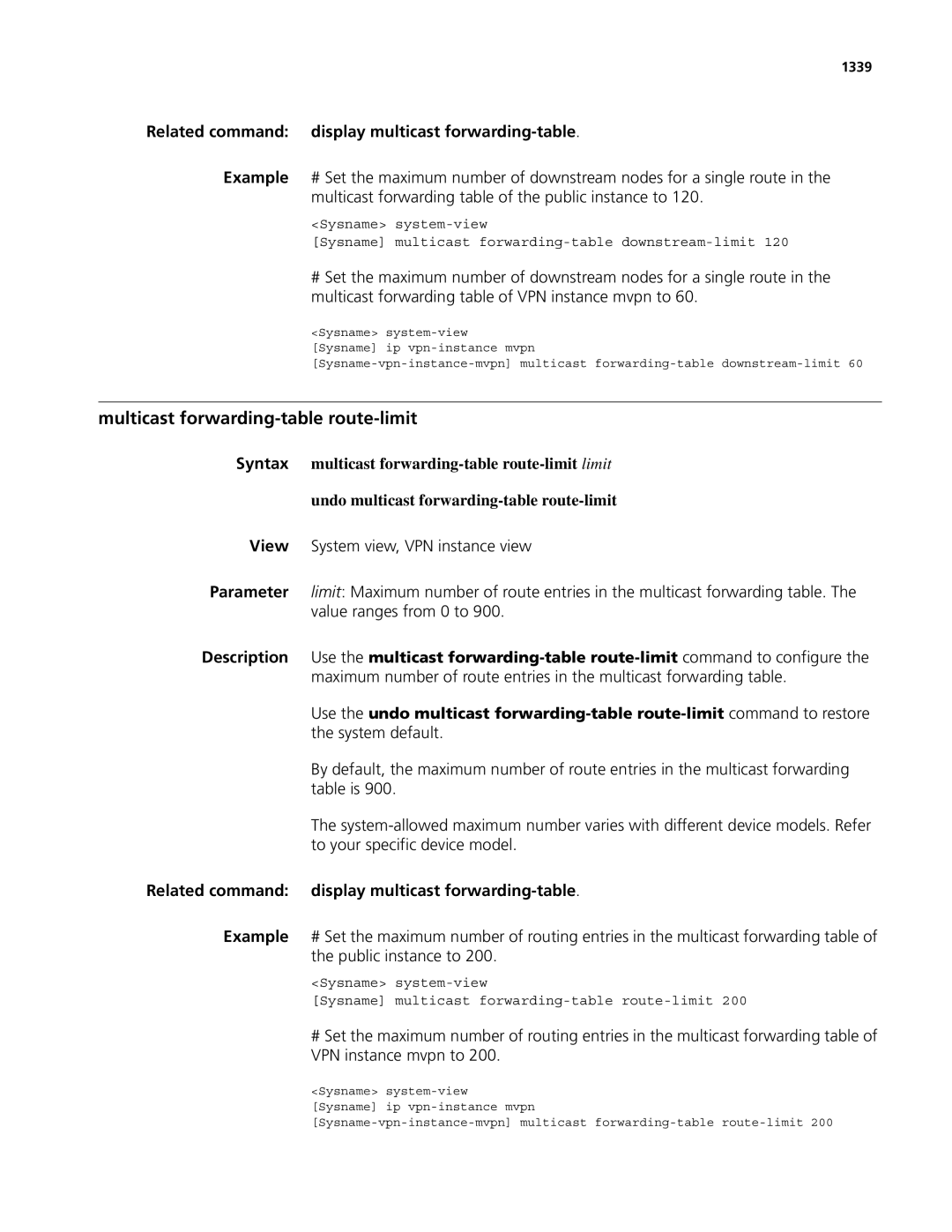 3Com MSR 50, MSR 30 manual Multicast forwarding-table route-limit, 1339 