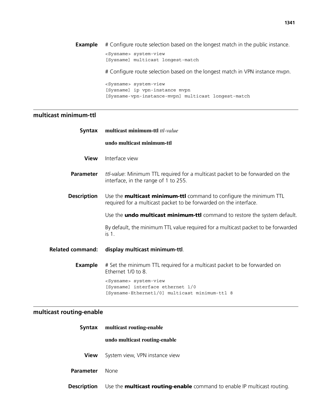 3Com MSR 50, MSR 30 Multicast minimum-ttl, Multicast routing-enable, Related command display multicast minimum-ttl, 1341 