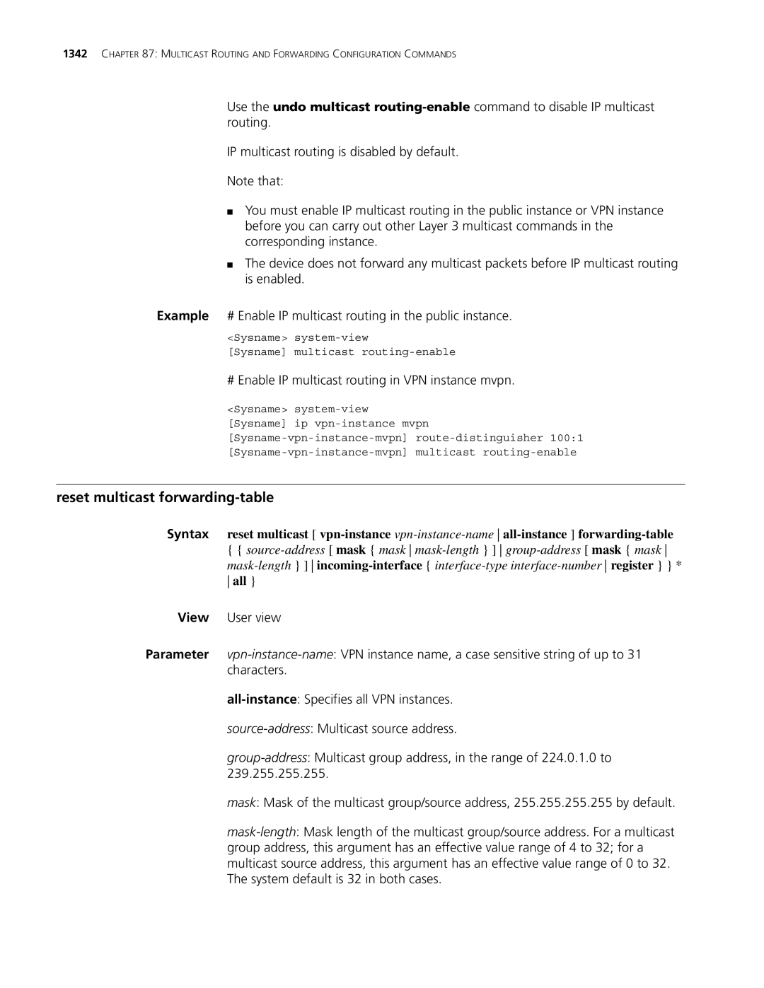 3Com MSR 30, MSR 50 manual Reset multicast forwarding-table, # Enable IP multicast routing in VPN instance mvpn 