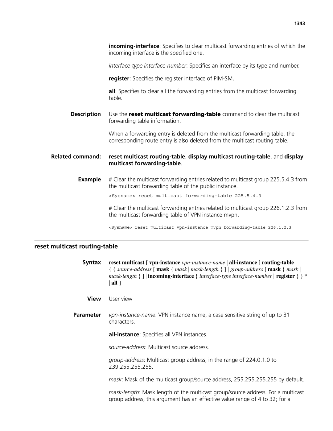 3Com MSR 50, MSR 30 manual Reset multicast routing-table, 1343 