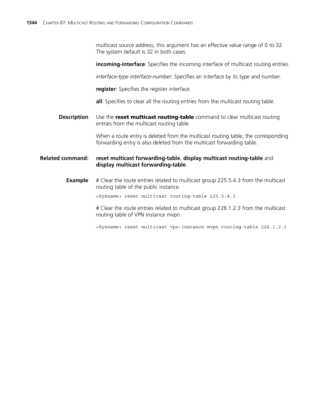 3Com MSR 30, MSR 50 manual Sysname reset multicast routing-table 