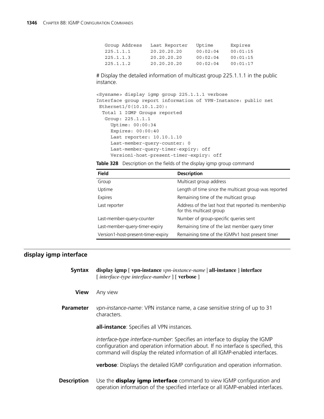 3Com MSR 30, MSR 50 manual Display igmp interface, Description on the fields of the display igmp group command 