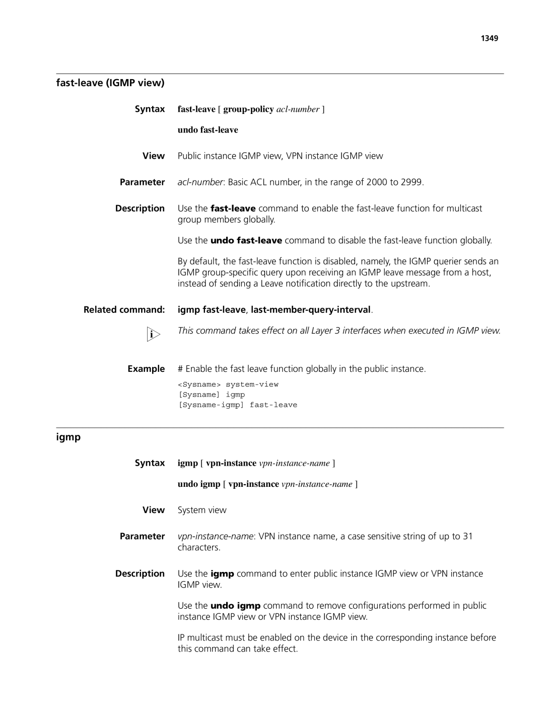 3Com MSR 50, MSR 30 manual Fast-leave Igmp view, Syntax fast-leave group-policy acl-number Undo fast-leave, 1349 