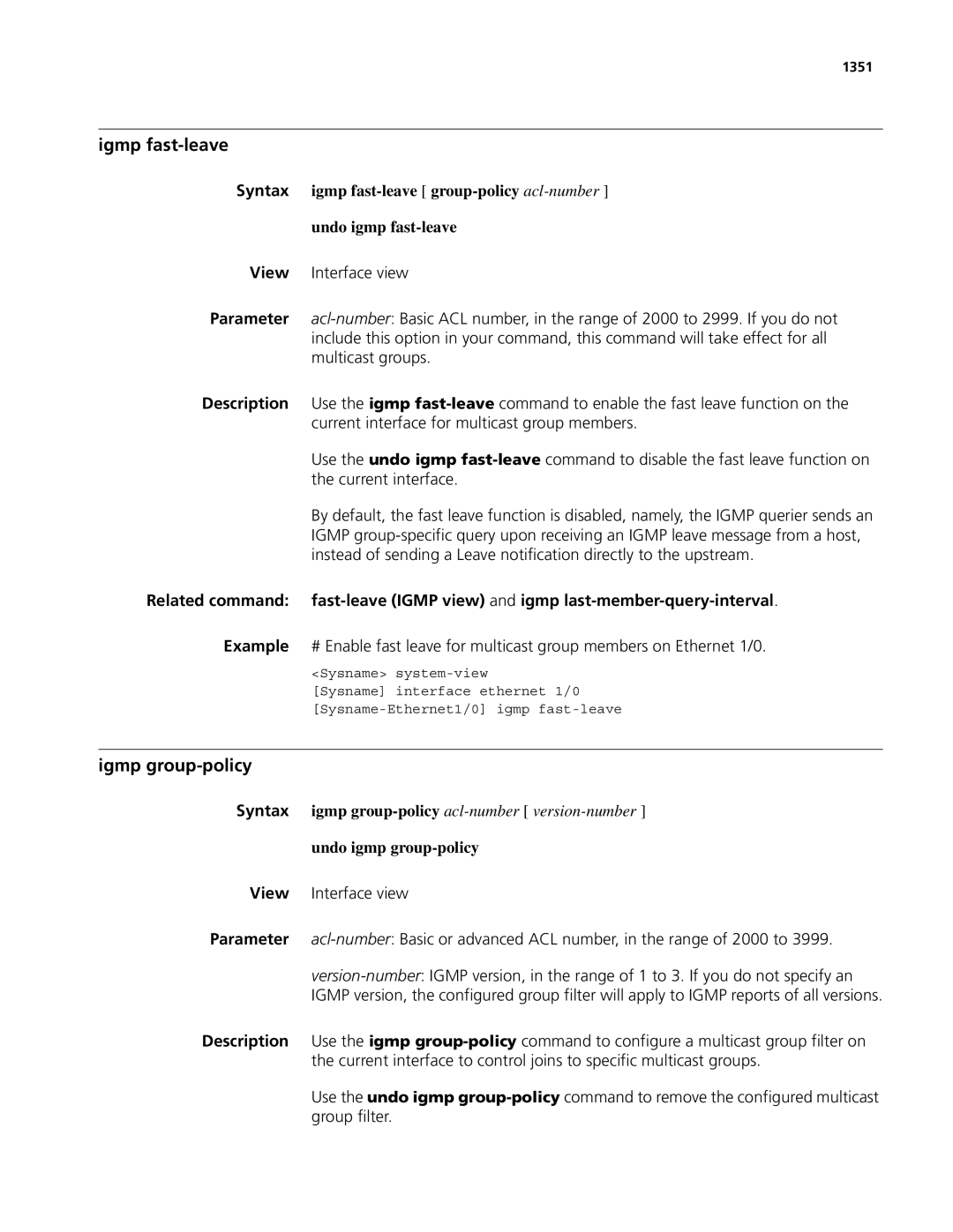 3Com MSR 50, MSR 30 manual Igmp fast-leave, Igmp group-policy, Undo igmp group-policy, 1351 