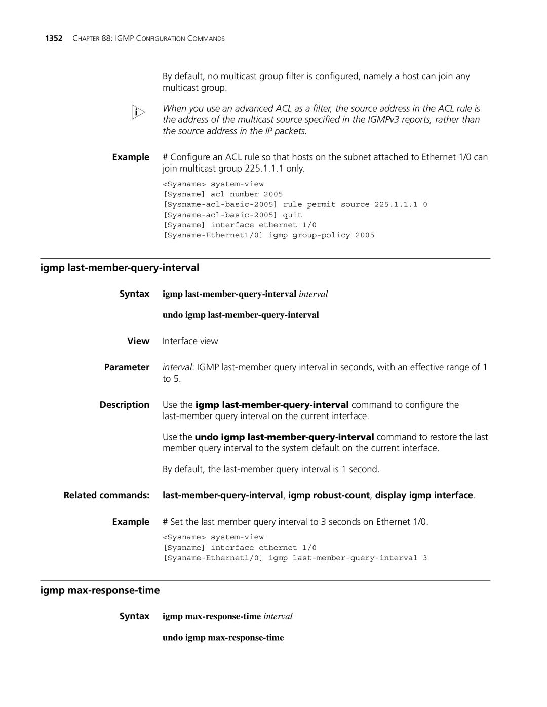 3Com MSR 30, MSR 50 manual Igmp last-member-query-interval, Igmp max-response-time 