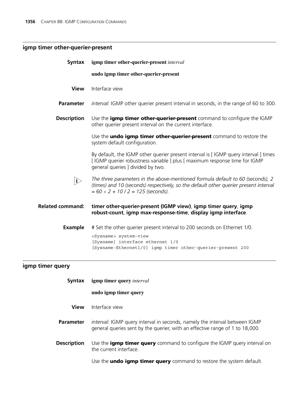 3Com MSR 30, MSR 50 manual Igmp timer other-querier-present, Igmp timer query 