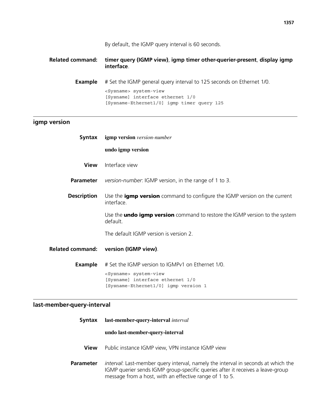 3Com MSR 50, MSR 30 manual Igmp version, Last-member-query-interval, Undo igmp version, Related command version Igmp view 