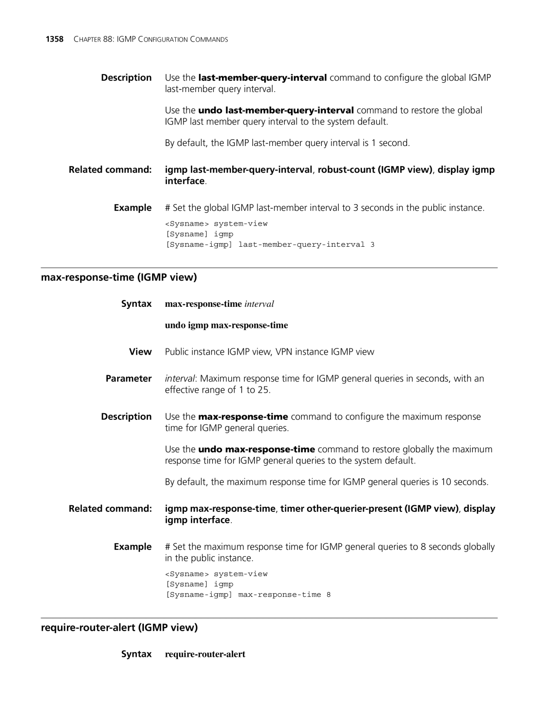 3Com MSR 30, MSR 50 manual Max-response-time Igmp view, Require-router-alert Igmp view, Syntax require-router-alert 