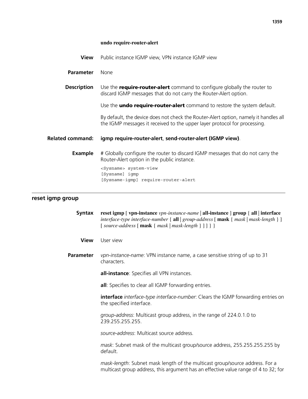 3Com MSR 50 Reset igmp group, Undo require-router-alert, View Public instance Igmp view, VPN instance Igmp view, 1359 