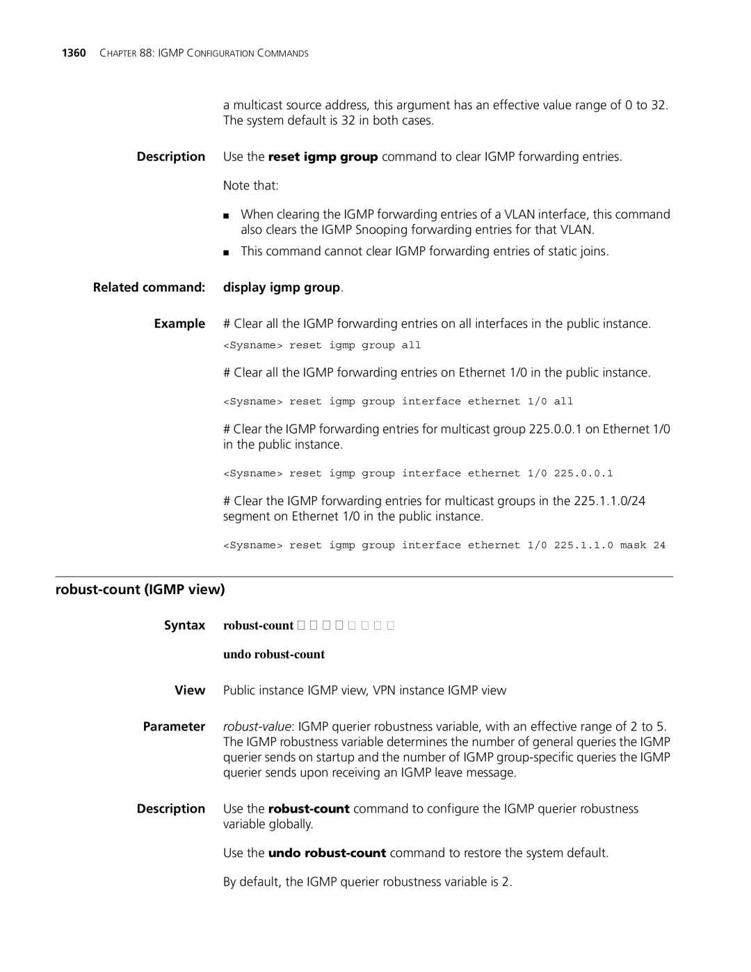 3Com MSR 30 Robust-count Igmp view, Related command display igmp group, Syntax robust-count robust-value Undo robust-count 