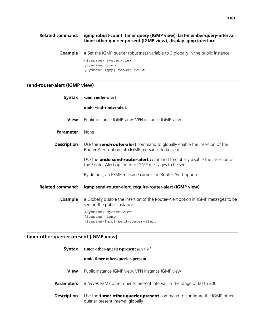 3Com MSR 50, MSR 30 manual Send-router-alert Igmp view, Timer other-querier-present Igmp view, 1361 