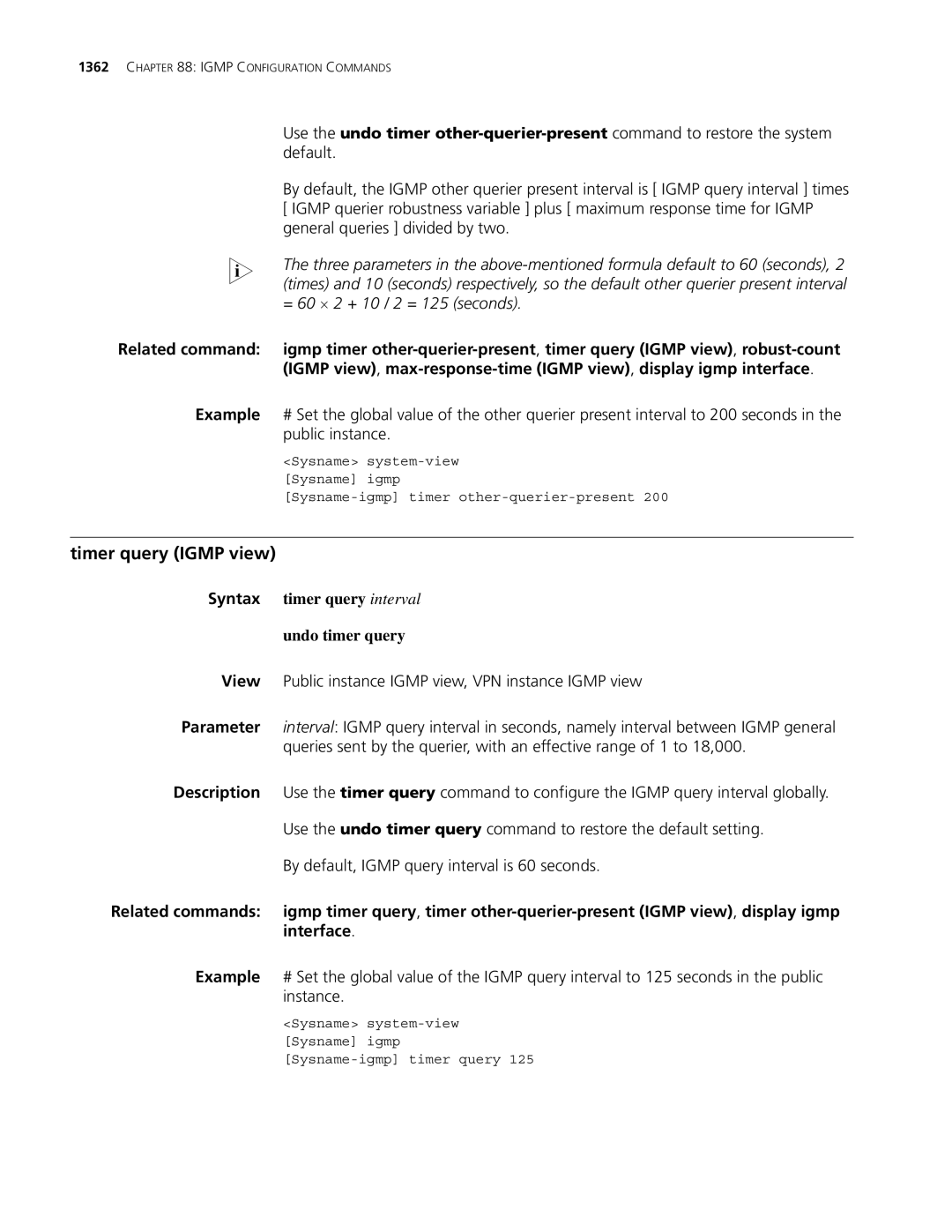 3Com MSR 30, MSR 50 manual Timer query Igmp view, Public instance, Syntax timer query interval Undo timer query 